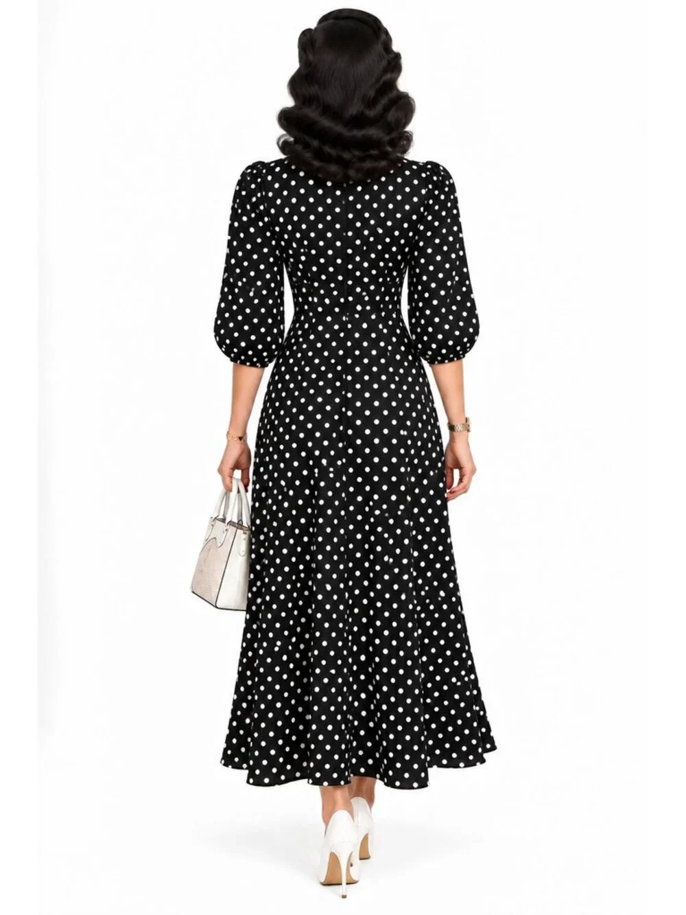 Kate Spade New York Women's Size 4 Black White Polka Dot Midi Dress Puff Sleeve